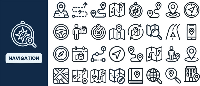 Navigation and Map Direction outline icon set. Featuring compass, pin, GPS, route, and location symbols. Editable stroke vector icons for travel app and direction service design interface.