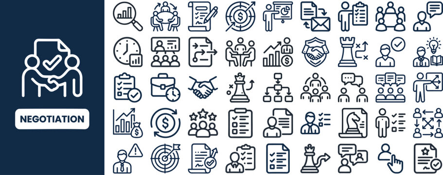 Negotiation and Business Deal outline icon set. Featuring handshake, contract, discussion, agreement, and partnership symbols. Editable stroke vector icons for corporate diplomacy and trade.