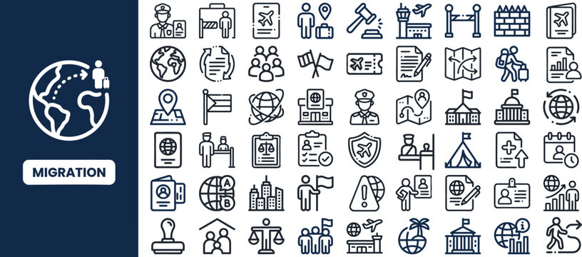 Migration and Immigration outline icon set. Featuring passport, visa, border, refugee, and travel symbols. Editable stroke vector icons for global migration policy and immigration service.