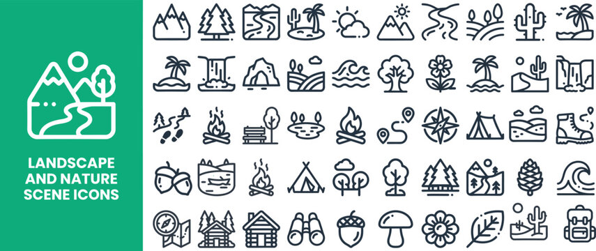 Landscape nature line icon set for outdoor travel design editable stroke vector icon set
