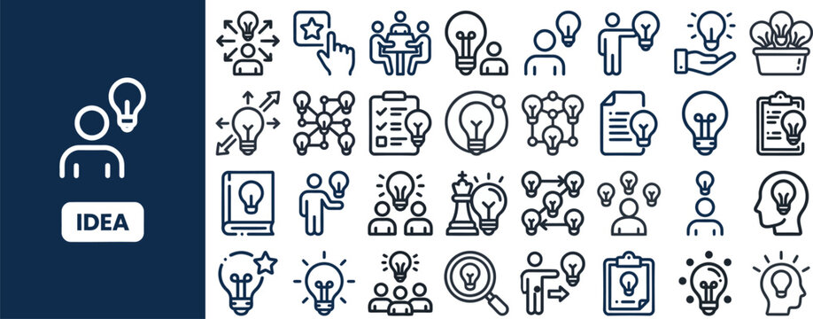Idea and Innovation Concept outline icon set. Featuring lightbulb, brainstorm, creativity, inspiration, and solution symbols. Editable stroke vector icons for business strategy and creative thinking.