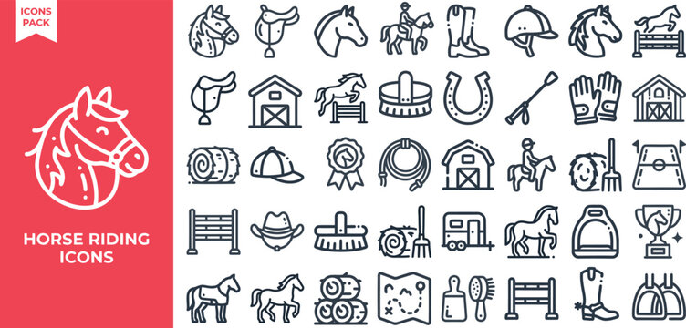 Horse Riding and Equestrian outline icon set. Featuring saddle, jockey, racing, stable, and rein symbols. Editable stroke vector icons for equestrian sport and horse club presentation.