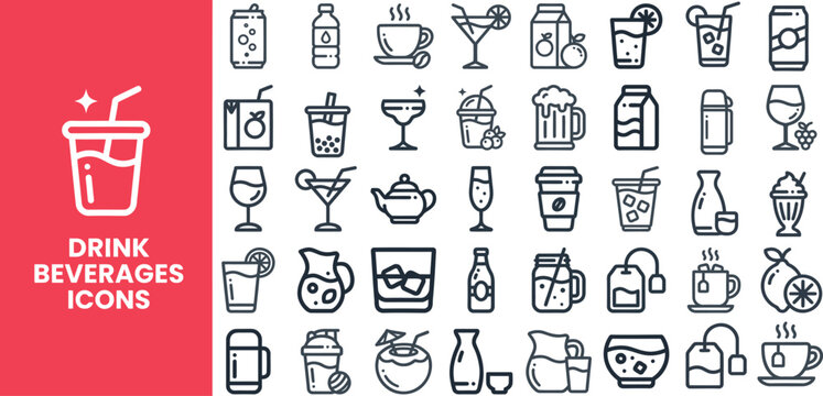 Drink and Beverage outline icon set. Featuring cocktail, coffee, juice, soda, and wine symbols. Editable stroke vector icons for bar menu and restaurant drink list design.