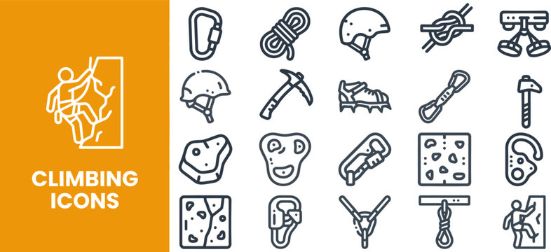 Climbing and Mountain Adventure outline icon set. Featuring rope, helmet, carabiner, harness, and rock symbols. Editable stroke vector icons for outdoor sport and extreme adventure guide.