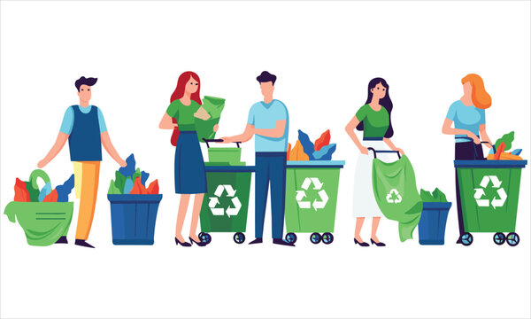 Group of diverse people sorting waste and collecting garbage into large recycle bag, environmental care concept