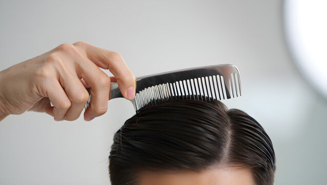 Woman combing her dark hair with a wide tooth comb