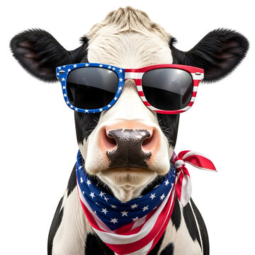 Patriotic Cow Wearing American Flag Sunglasses and Bandana On Transparent Background