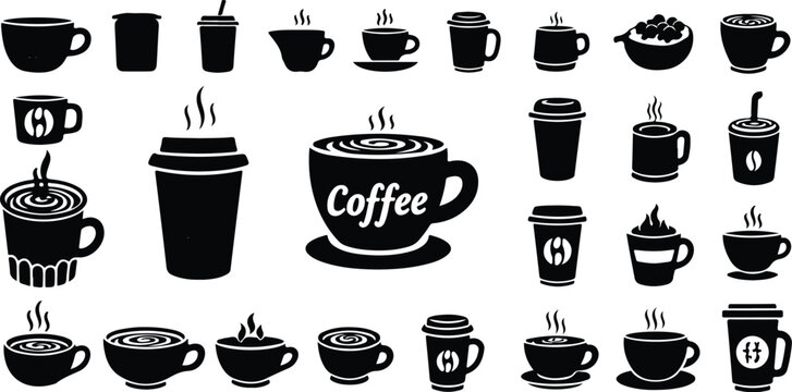 Coffee shop drink icons set with steaming mugs, beverage