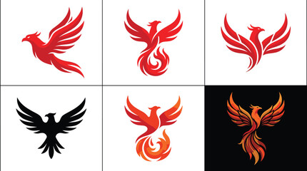 Phoenix bird logo set with fire wings modern gradient and silhouette vector emblem designs © MdSumon