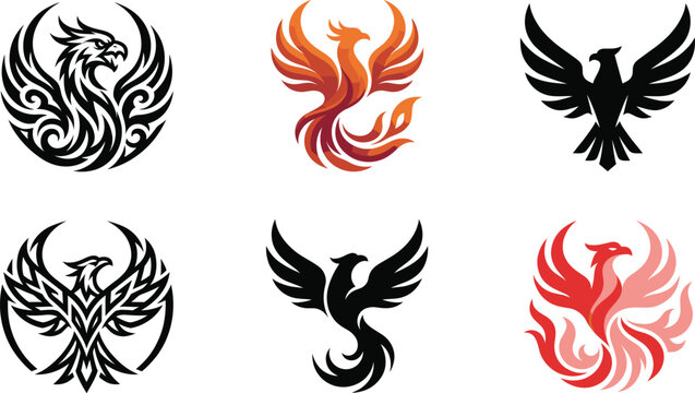Phoenix bird logo collection with fire wings tribal circular and silhouette vector emblem designs
