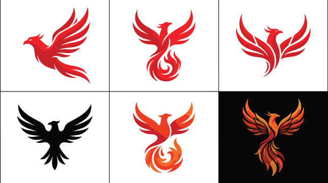 Phoenix bird logo set with fire wings modern gradient and silhouette vector emblem designs