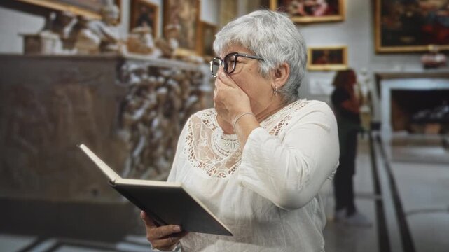 Woman holding open hardcover book with hand to mouth while reading, wearing glasses and lace blouse among framed paintings in museum; surprise.