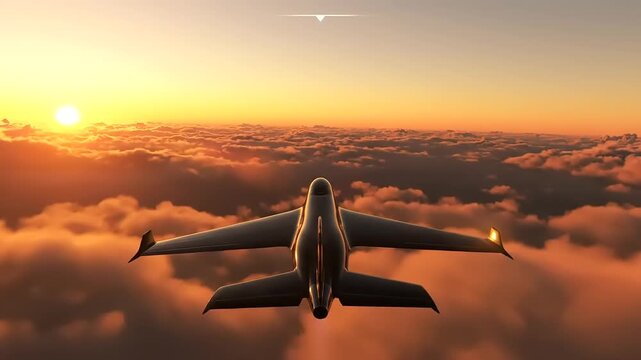 Military Jet Fighter Flying High Above Clouds During Beautiful Golden Sunset.