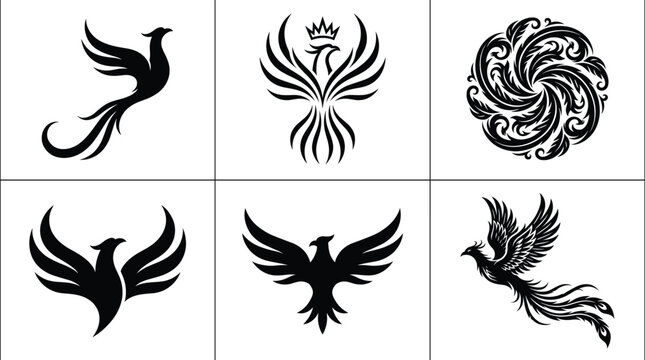 Phoenix bird silhouette logo set with wings spread firebird emblems and ornamental vector designs