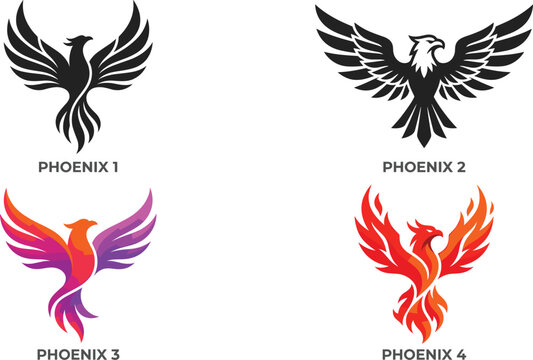 Phoenix logo set with modern fire bird wings colorful and black vector emblem designs