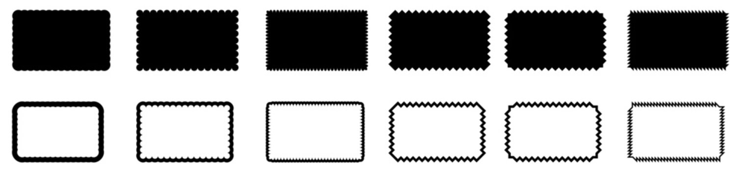 Vector set of wavy edge rectangle shape. Black graphic design element for decoration, banner, poster, template, sticker, badge, label, tag and flyer
