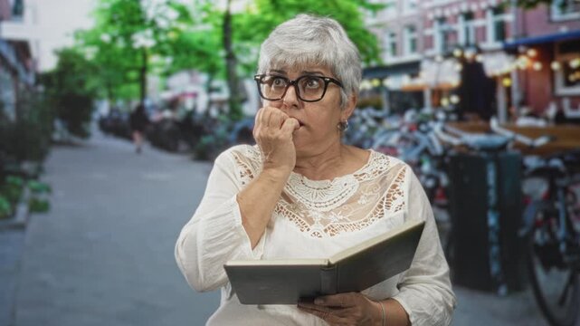Senior woman reader with grey hair holds open book and bites fingernail with left hand on a city street lined with bicycles and cafes; anxiety.