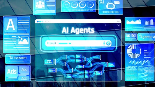Futuristic Digital Interface Showcasing AI Agents with Data Visualization, Graphs, and User Prompts against a High-Tech Urban Background Sigmoid