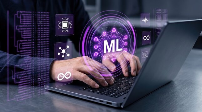 machine learning, artificial intelligence, ai technology, data science, computer programming, developer coding, neural network specialist working on laptop with futuristic HUD UI.