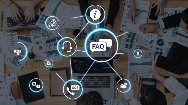 FAQ and online help icons show question, answer, and support system. FAQ improves online help experience, customer service quality, and FAQ knowledge access. Funnel