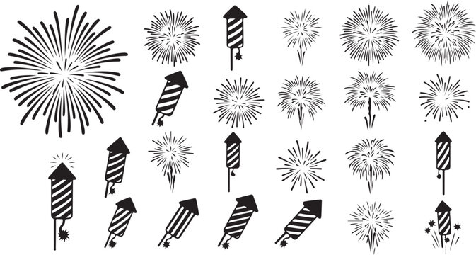 Fireworks and pyrotechnic rocket solid icons set