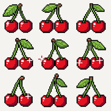 A collection of nine vibrant red pixel art cherry illustrations with green stems and leaves, some featuring subtle sparkle effects.
