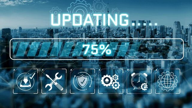 Digital Update Progress Screen with City Skyline Background Illustrating Technology and Connectivity in Modern Urban Environment Sigmoid