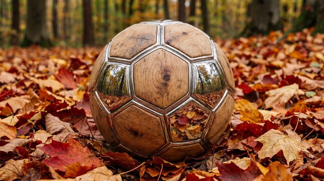 Soccer ball on autumn leaves in forest shiny brown surface reflecting light with white stitching