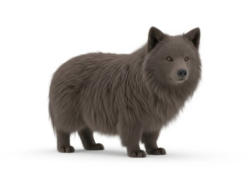 A fluffy brown pomsky dog standing on an isolated on white background