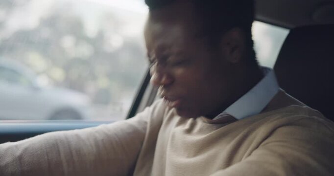 Black man, stress and stuck with car in parking lot for bad news, mechanical breakdown or mistake. Frustrated, male person or aggressive driver in anger for vehicle crisis, emergency or accident