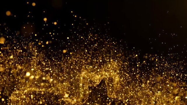 Golden particles move around in dark background creating visual effects for creative projects and artistic displays at night video
