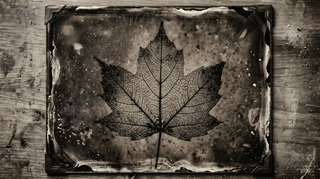 The intricate skeleton of a maple leaf captured in a weathered sepia tintype, a haunting visual metaphor for the fragile architecture of existence and the persistent echoes of nature's past.