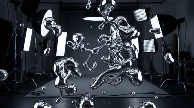 Molten chrome droplets dance in a professional studio, a visual metaphor for the fluid nature of creative thought being sculpted and immortalized through the lens of modern technology.