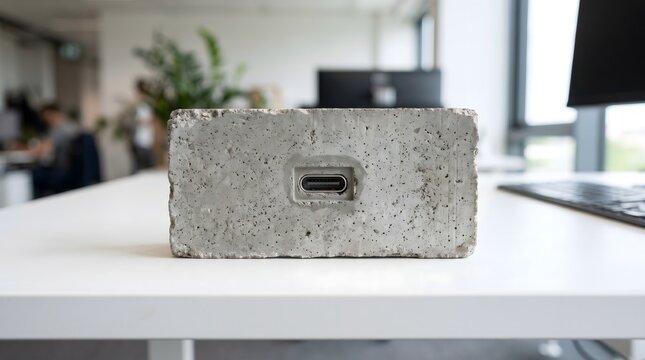 A USB-C port encased in a solid concrete block serves as a powerful metaphor for the heavy industrial foundations of modern connectivity and the permanence of digital infrastructure.
