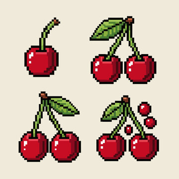 Pixel art illustration showing the evolution of cherries from single to a pair with leaves and a scattered effect.