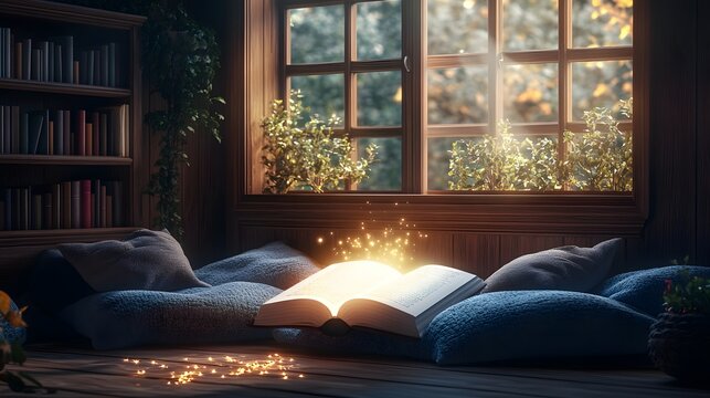 Magical glowing book in cozy library nook, enchanted open book with golden light, mystical reading corner with soft pillows and window sunlight