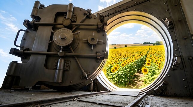 A massive industrial vault door swings open to reveal a vibrant field of sunflowers under a clear sky, symbolizing nature as the ultimate treasure and the preservation of our environment.