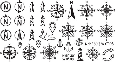 Fototapeta premium Compass rose collection featuring various hand drawn navigation symbols arrows anchors and nautical elements isolated on white background for travel map design and decoration