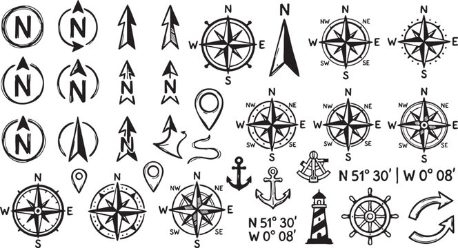 Compass rose collection featuring various hand drawn navigation symbols arrows anchors and nautical elements isolated on white background for travel map design and decoration