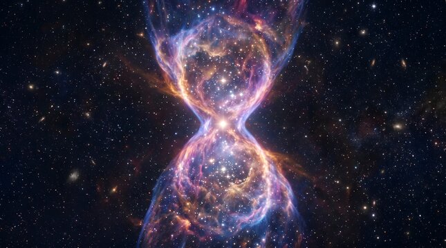 The cosmic loom of destiny where nebular threads weave the fabric of time into an hourglass of infinite starlight, bridging the gap between creation and the quiet echoes of eternity.