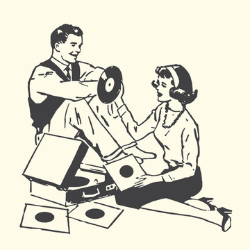 Couple looking at records and listening to music with record player listening collection activity relationship together turntable entertainment domestic illustration monochrome isolated