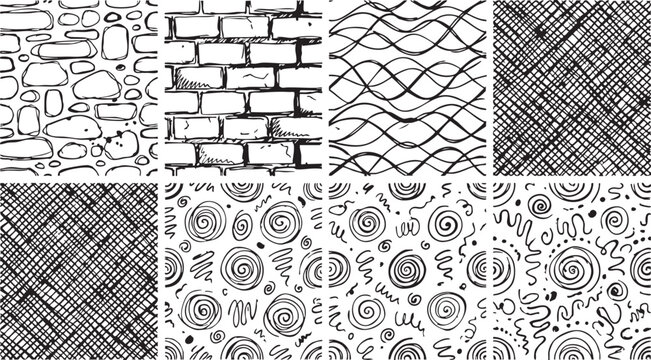Seamless patterns collection featuring hand drawn abstract sketches including brick wall stone texture wave lines crosshatch grids and decorative spiral shapes on white background