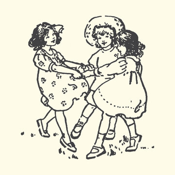 Vintage drawing of three young girls holding hands and dancing in a circle outdoors with line art children childhood innocence friendship activity together illustration movement laughter
