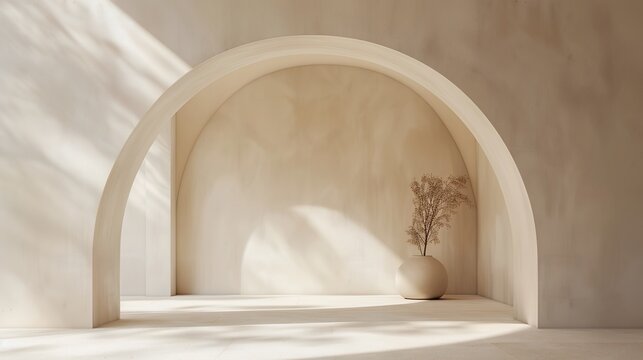 Minimalist arched alcove with dried flowers in vase and sunlit shadows. Modern aesthetic interior design background in earthy tones.