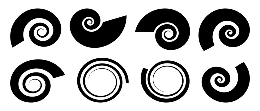 Abstract black spiral and swirl silhouette set. Minimalist geometric icons and logo design elements