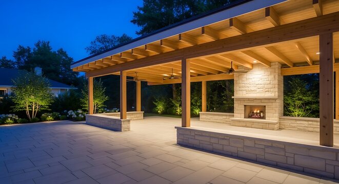 Elegant Outdoor Pavilion with Fireplace and Evening Illumination.