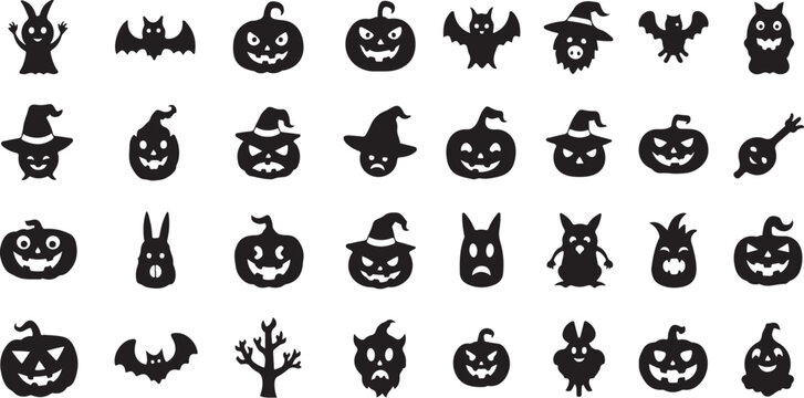 Halloween pumpkin and ghost silhouette icon collection