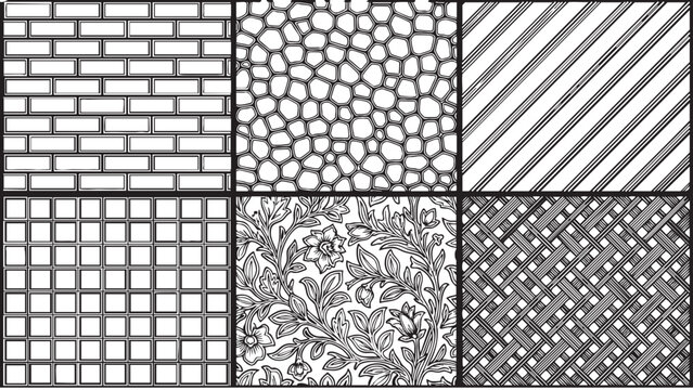Geometric seamless patterns set featuring brick masonry stone mosaic diagonal stripes square grid floral wallpaper and woven textile textures in black and white line art