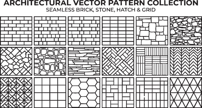 Architectural vector pattern collection featuring various seamless brick stone hatch and geometric grid designs for professional interior design drafting and building construction blueprint drafting p
