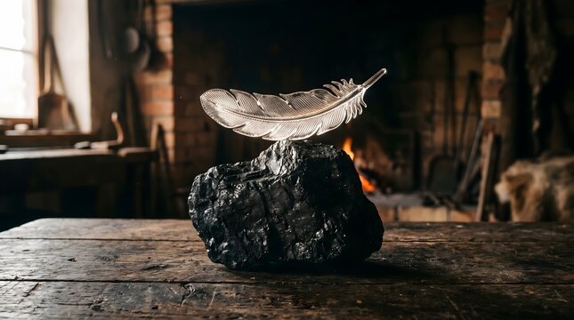 A delicate glass feather rests upon a rugged lump of coal in a dimly lit rustic setting, a powerful metaphor for the fragile beauty born from extreme pressure and industrial origins.